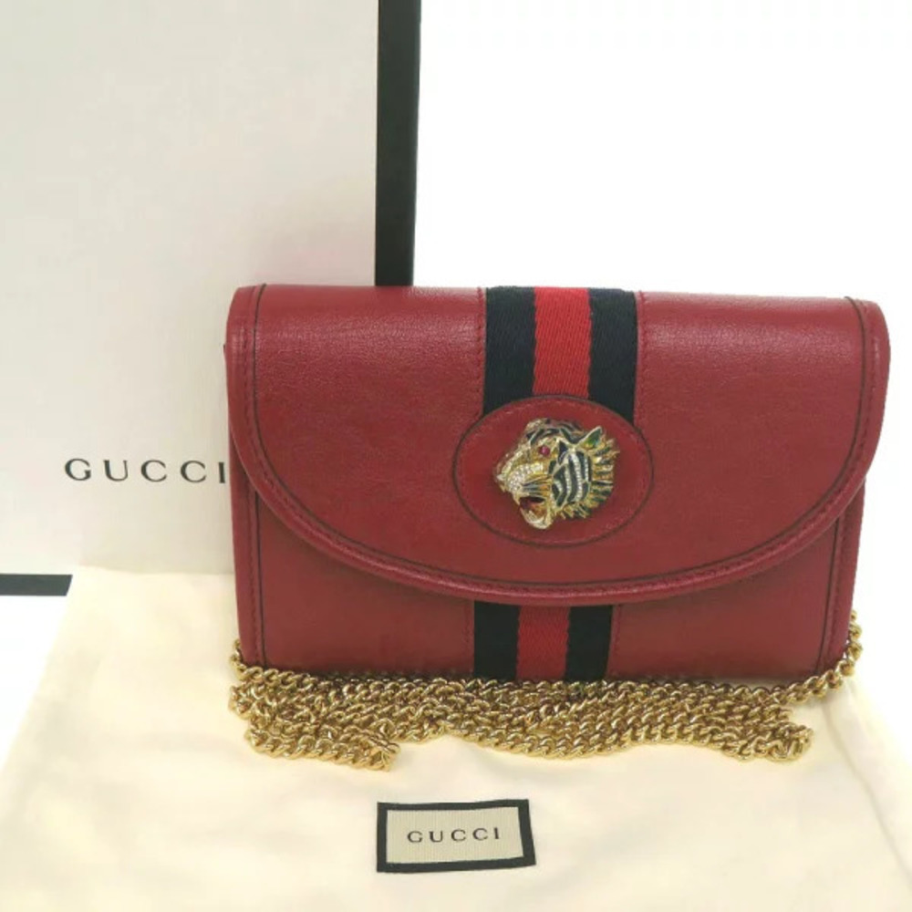 Gucci Raja Web Stripe Chain Shoulder Bag Leather Canvas Red Navy Blue - Picture 2 of 6